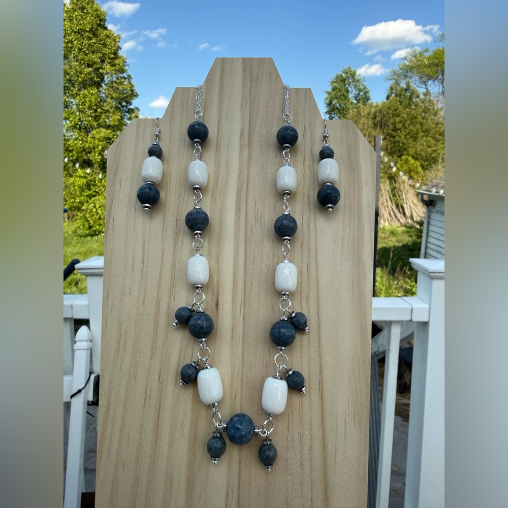 Rare White and Blue Coral Beaded Necklace and Earring Set